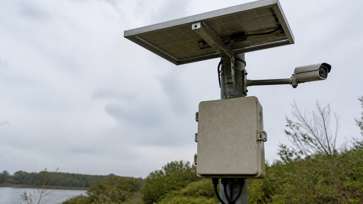 A 12V solar panel connected to a battery and charge controller in an enclosure.