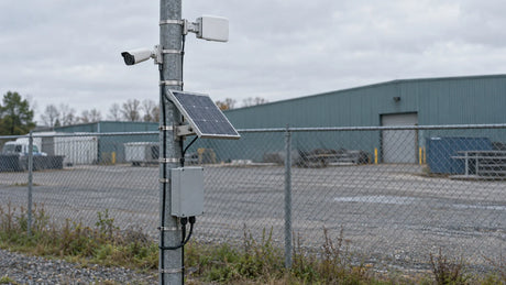 A compact solar-powered site installation with a pole-mounted camera, a directional wireless bridge, a solar panel and a weatherproof equipment cabinet.