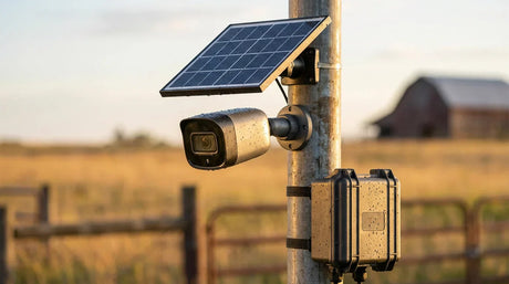 4G solar security camera with small solar panel powering an off-grid farm gate