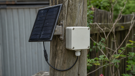 A small 5V solar module on a bracket beside a sealed outdoor IoT sensor enclosure on a weathered wooden post, with a cable gland and thin cable under overcast light.