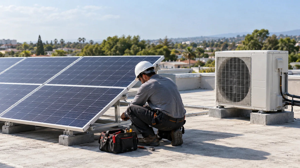 Solar panels near an outdoor air-conditioning unit are inspected on a practical commercial roof.