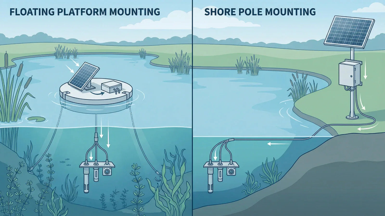 Floating platform vs shore pole solar panel mounting for aquaculture monitoring