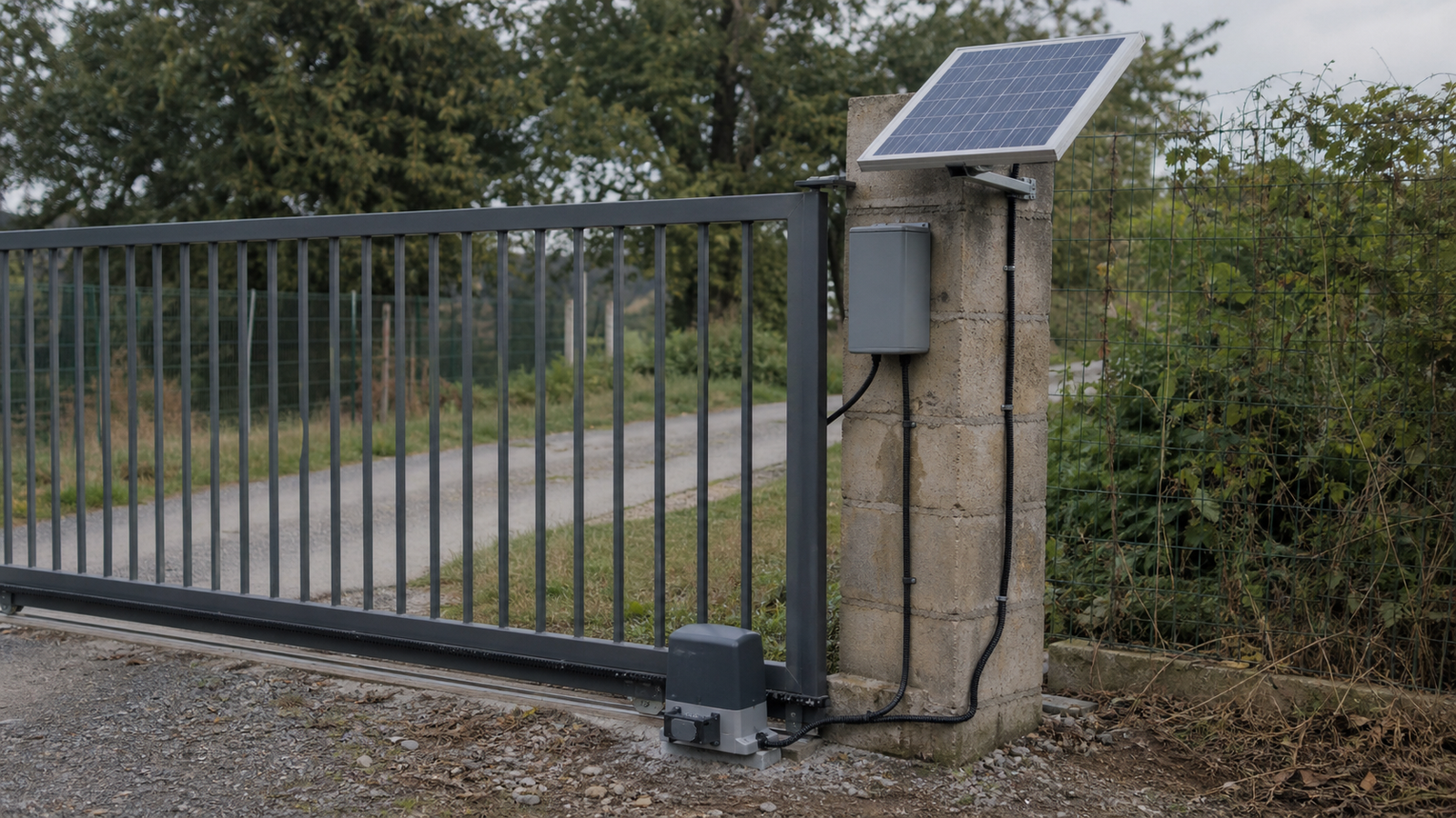 Small solar panel mounted beside an outdoor automatic gate, with a weatherproof control box and visible cable routing to the gate motor.