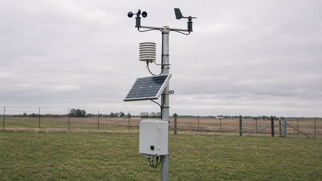 A solar-powered automatic weather station on a galvanized mast in an open field, with a cup anemometer, wind vane, radiation shield, tilted solar panel and weatherproof enclosure.