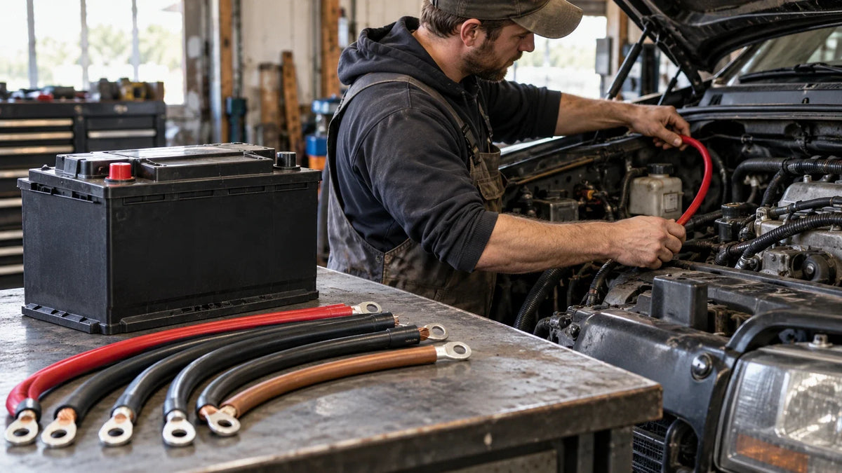 A technician examines heavy insulated battery cables and protected terminal hardware beside a vehicle battery.