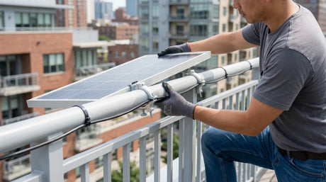 Balcony solar panels for renters installed with removable no-drill brackets