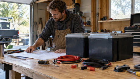 Matched protected batteries and loose capped interconnects are laid out for a bank design review on a workbench.