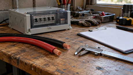 An electrician compares insulated battery cable samples with a caliper and protected termination hardware on a bench.