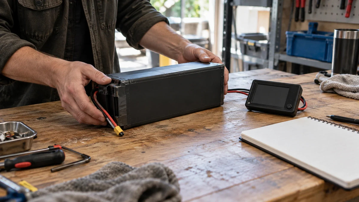 A technician compares an unbranded rechargeable battery with a small monitoring device and a blank runtime worksheet.