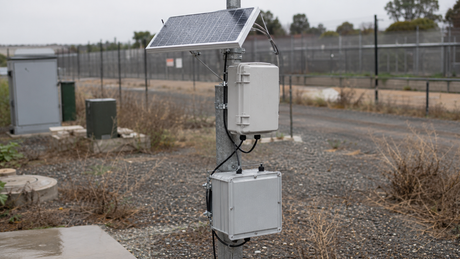 Solar powered remote monitoring station with an enclosed battery system