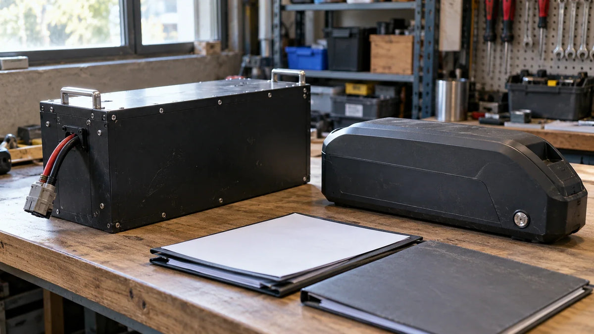 Two unbranded protected battery packs are compared with blank specification sheets on an engineering bench.