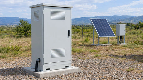 An unbranded closed vented battery storage cabinet is the unmistakable large foreground subject at a modest remote-equipment site, with its intact door and protected cable gland visible.