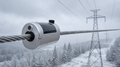 A LinkSolar icing-monitoring node with a silver housing and curved solar surface surrounds a conductor in a snowy transmission corridor.