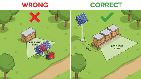 Beehive solar panel correct vs wrong placement diagram for apiary