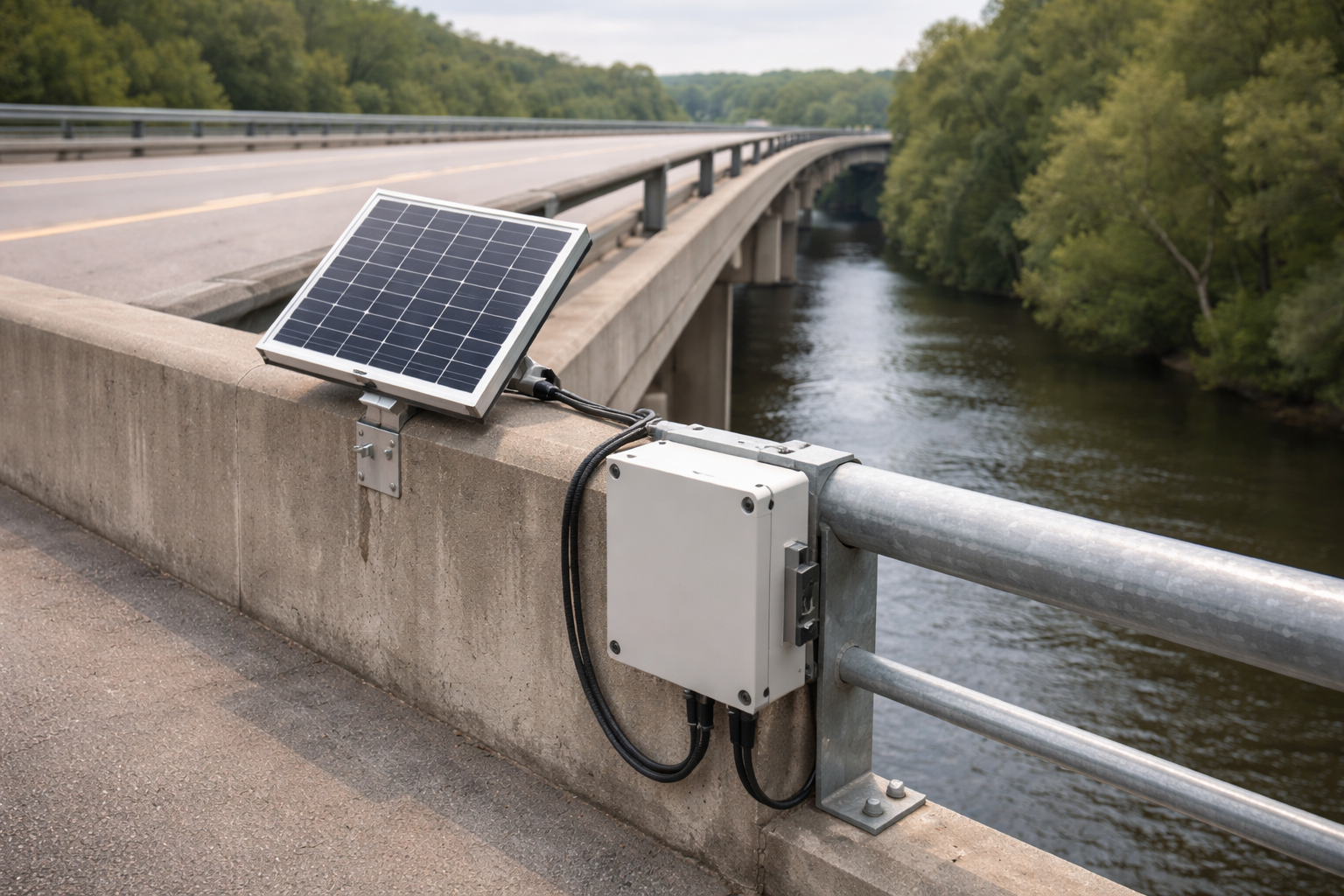 Solar-powered structural health monitoring installation on highway bridge parapet