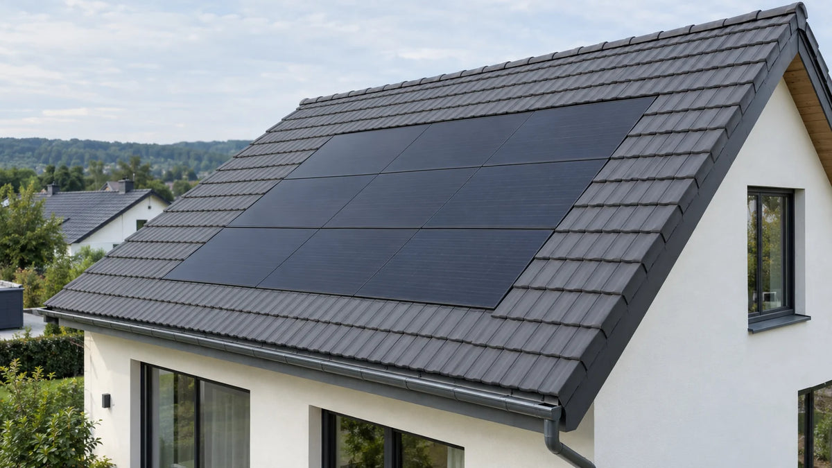 Rectangular PV roofing units flush with adjacent roofing material on a pitched roof, showing the look and edges of a building-integrated product.