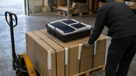 A warehouse technician secures a pallet of plain bulk-shipment cartons beside protected carriers filled with individual dark solar cells.