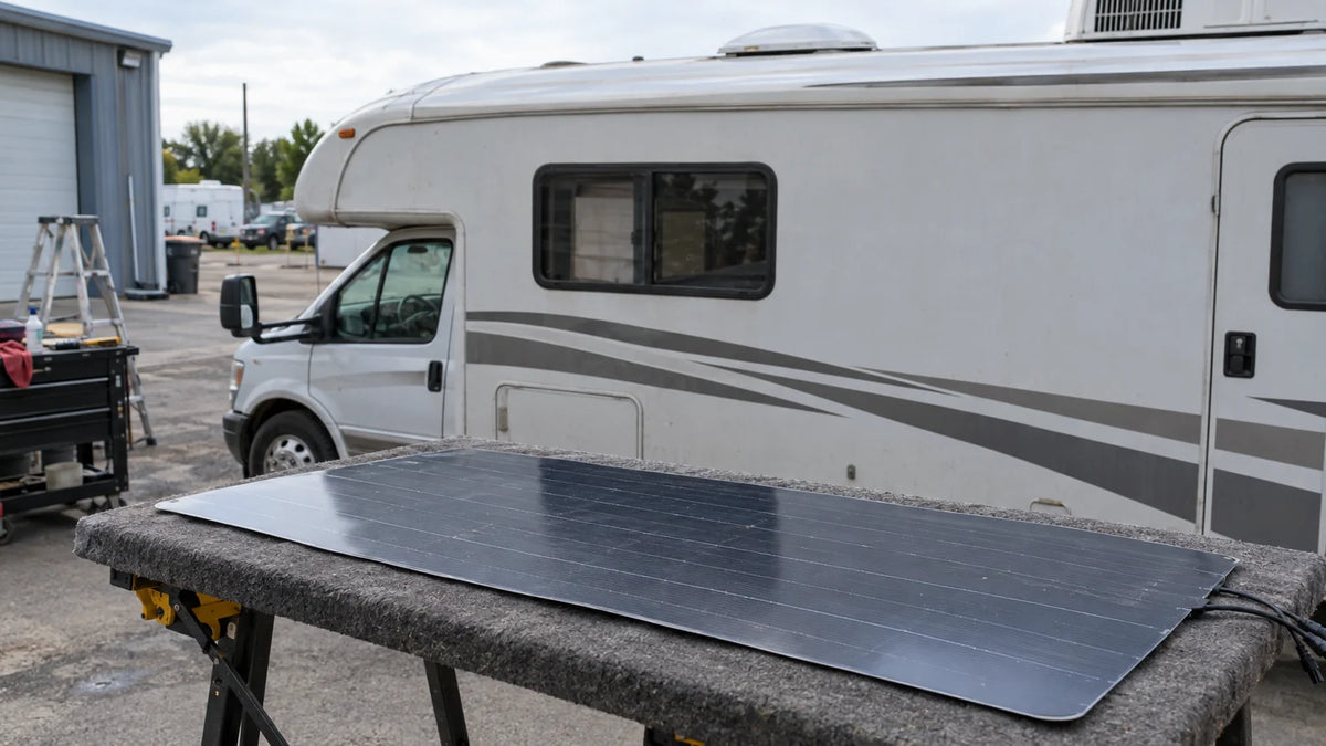 A frameless flexible solar panel flat on a padded stand beside a parked RV, with the roof outline, vents and usable area in view.