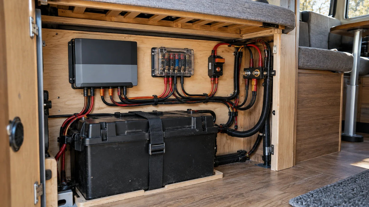 A camper's protected battery, solar controller and DC distribution are visible inside an orderly service compartment.