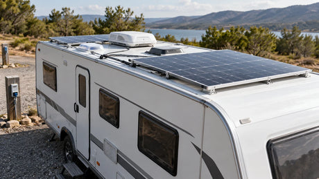 A caravan with roof-mounted solar panels is parked at an ordinary service stop with its battery system kept out of view.