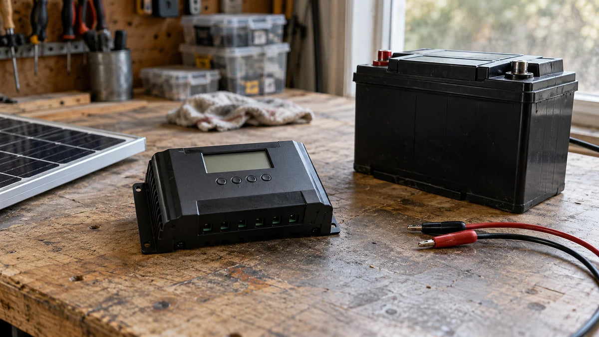 An electrician inspects a closed 12-volt solar charge controller beside a protected battery and panel cable.