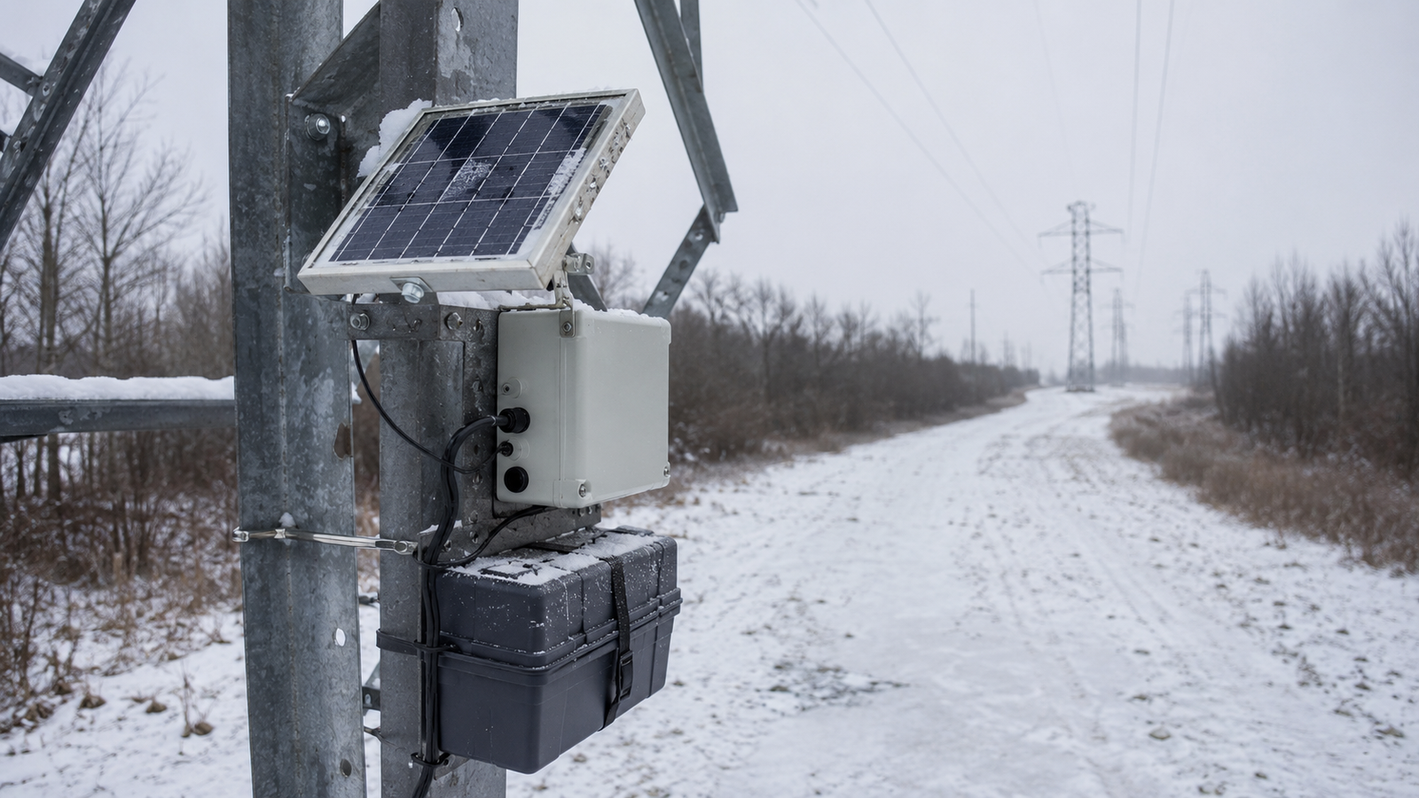 Solar powered transmission line monitoring equipment in a snowy cold-climate landscape