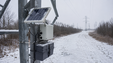 Solar powered transmission line monitoring equipment in a snowy cold-climate landscape