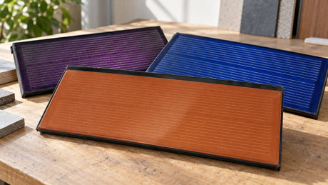 Terracotta, violet and blue photovoltaic roof-tile samples sit in a material-review workspace, illustrating finish selection without assigning colour-specific output ratings.