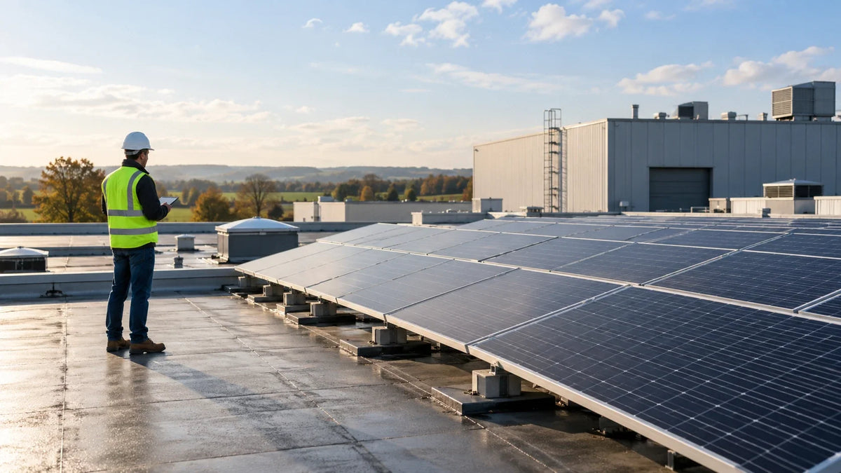 A commercial building roof carries a realistic solar array while an engineer surveys the site.