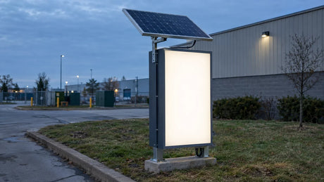 Custom solar panel powering a blank illuminated commercial sign at an industrial site
