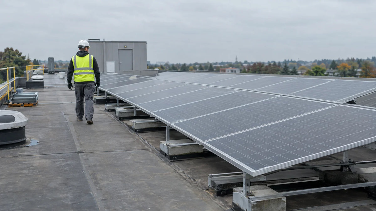 A modest installed row of finished framed PV modules on an ordinary commercial flat roof, visible safe access route and mounting rails, no skyline spectacle.