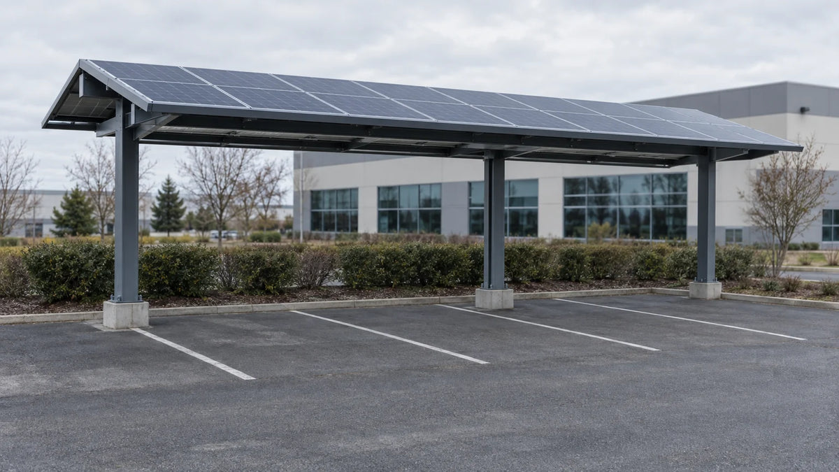A modest photovoltaic canopy covers clearly marked empty parking bays, illustrating a commercial carport project whose modules, structure and delivery scope must be defined.