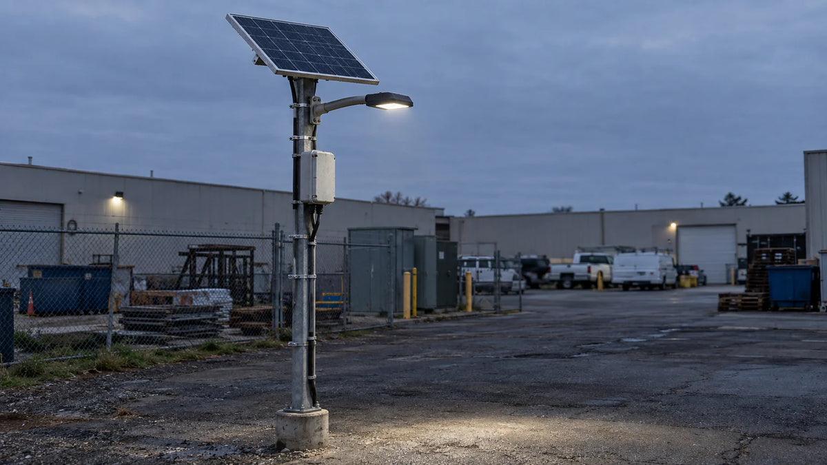 Commercial solar panel, battery enclosure, and LED area light installed on one pole in an industrial service yard.
