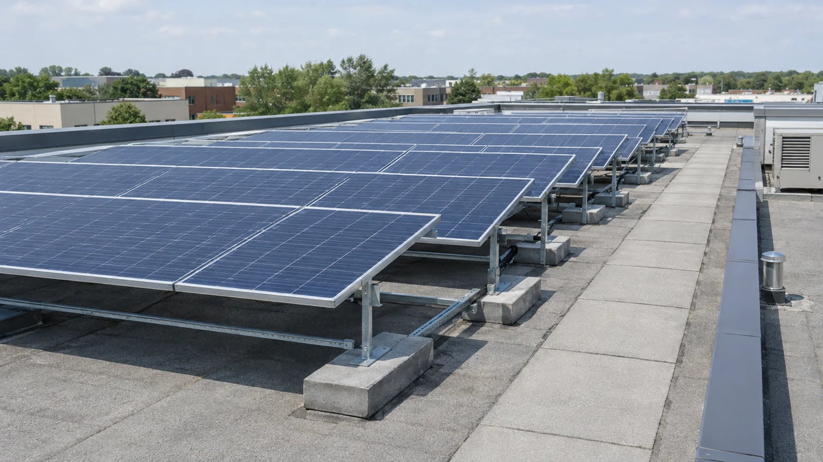 A solar module array on a commercial flat roof with the building and service walkways in the distance, showing a commercial installation setting.