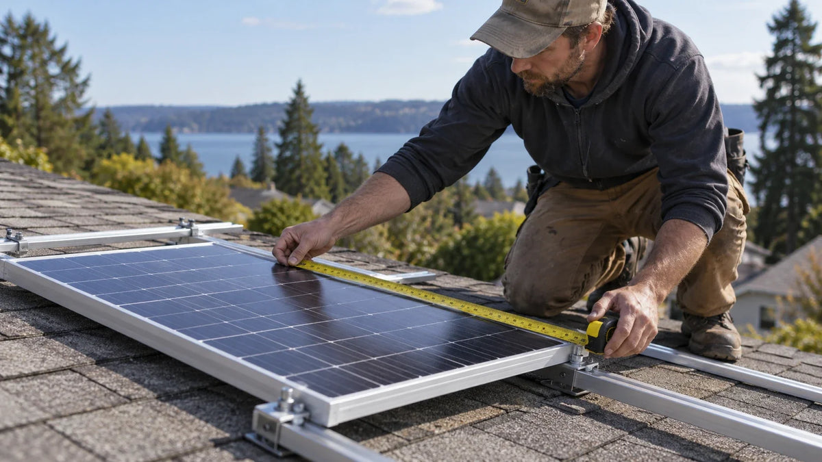 Two installers check the fit of an unbranded compact framed solar panel on a small equipment mounting surface.