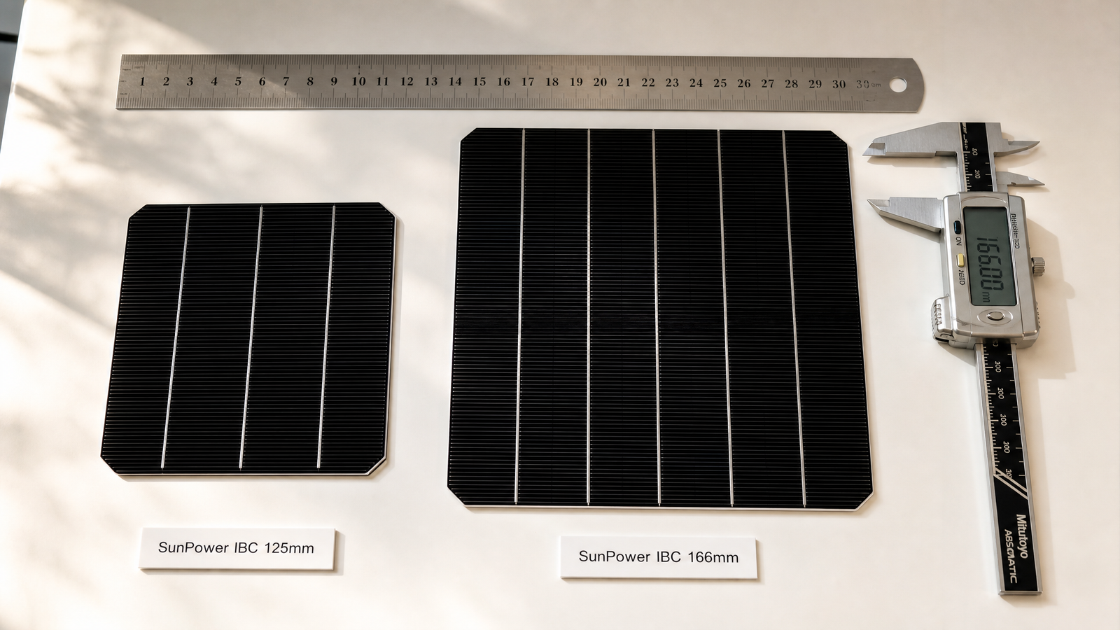 Flat lay of SunPower IBC solar cells in 125mm and 166mm sizes with precision measurement tools on white workbench