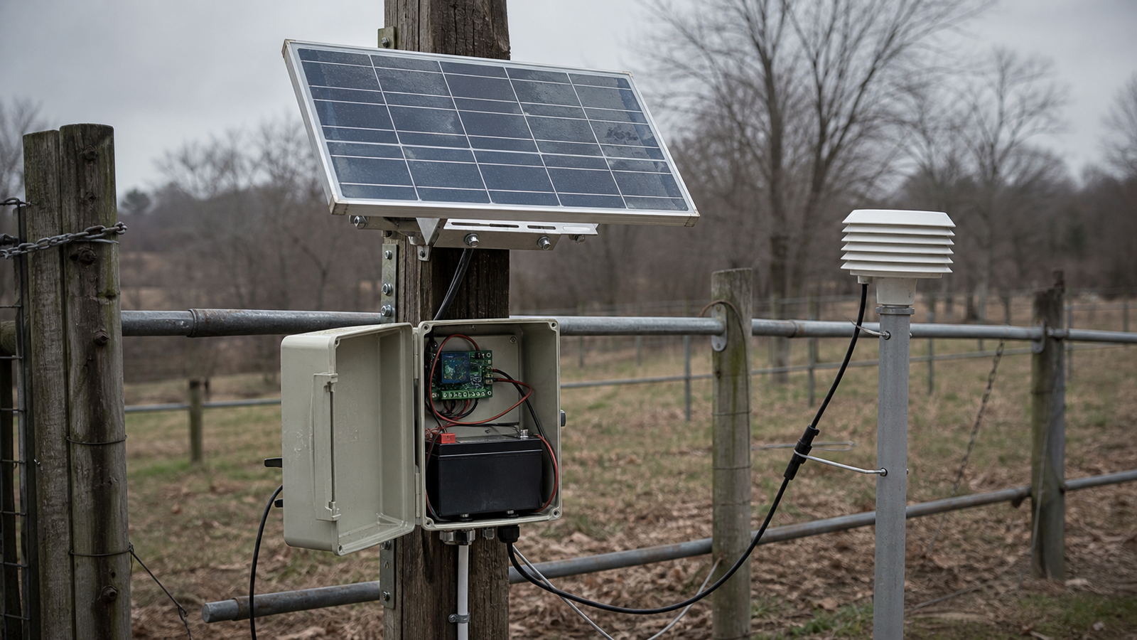 Mini solar panel powering an off-grid sensor through a compact charge controller