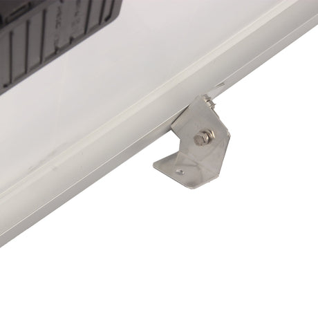 Stainless mounting bracket bolted to the aluminum frame edge of a solar panel