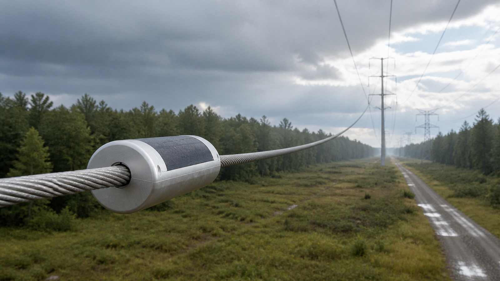 A LinkSolar conductor-mounted hybrid power platform with a curved solar surface surrounds an overhead line beneath changing storm clouds.