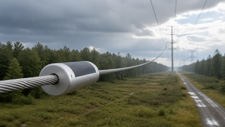 A LinkSolar conductor-mounted hybrid power platform with a curved solar surface surrounds an overhead line beneath changing storm clouds.