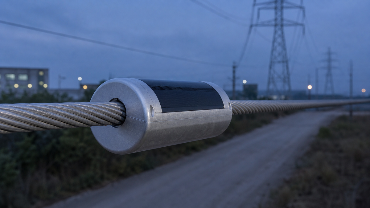 A CT-solar hybrid power platform operating on a transmission tower at dusk.