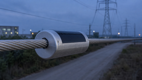 A CT-solar hybrid power platform operating on a transmission tower at dusk.