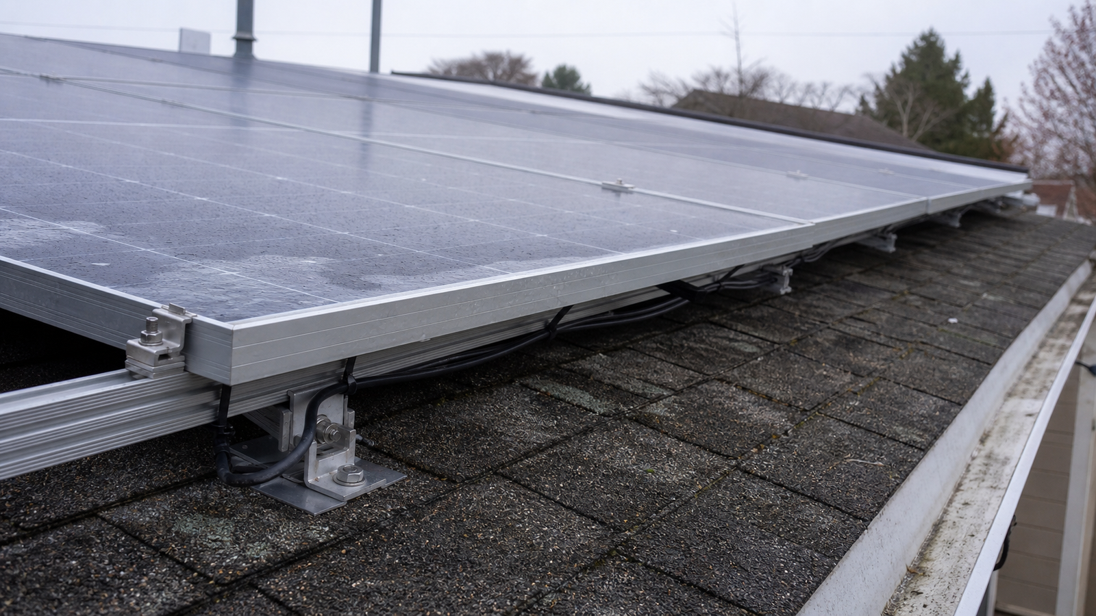 Rooftop solar array mounted on aluminum rails, with end clamps, L-feet and stainless bolts securing the module frames over weathered shingles under overcast light.