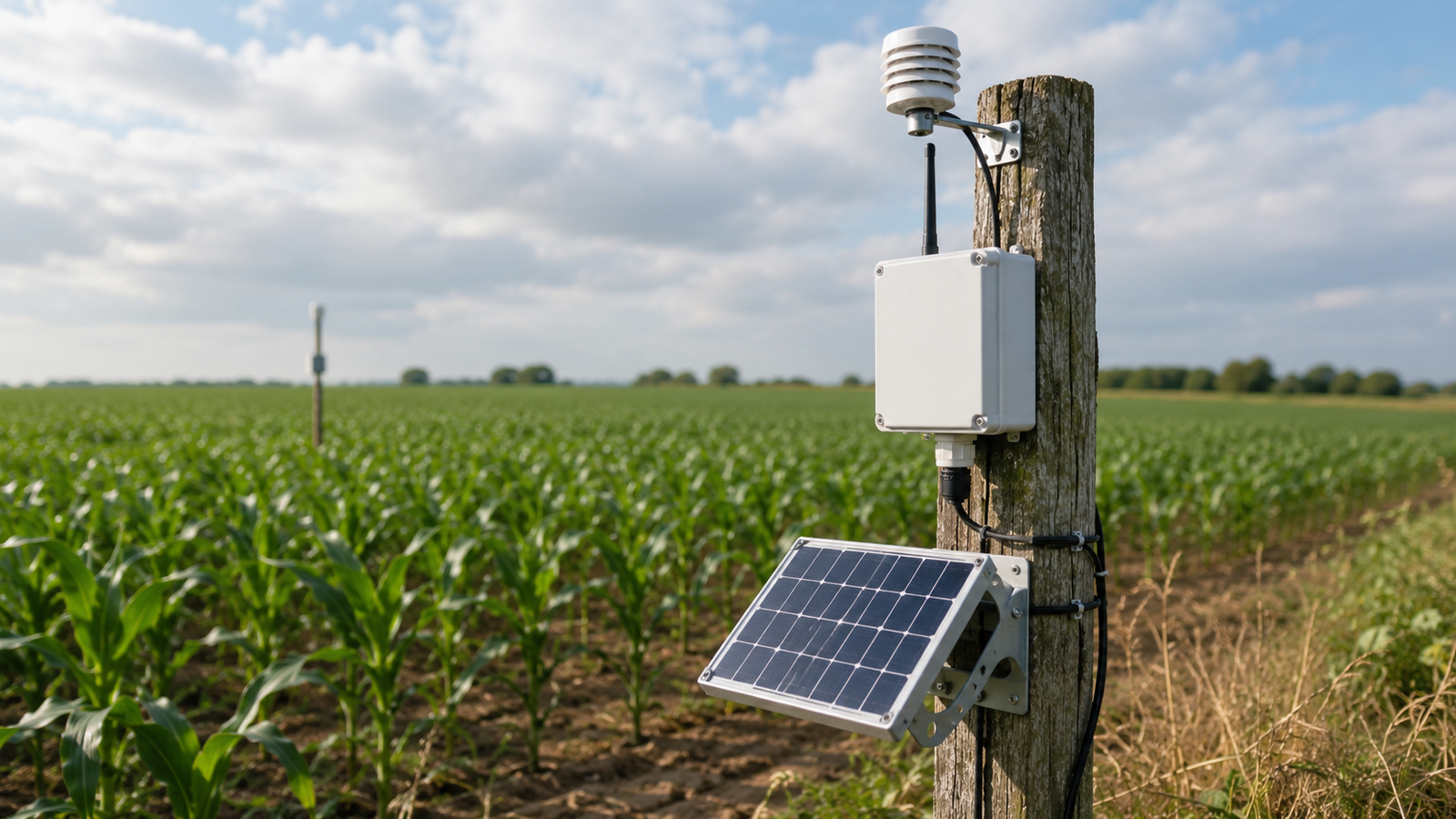 Outdoor IoT sensor nodes connected to custom mini solar panels in an agricultural field