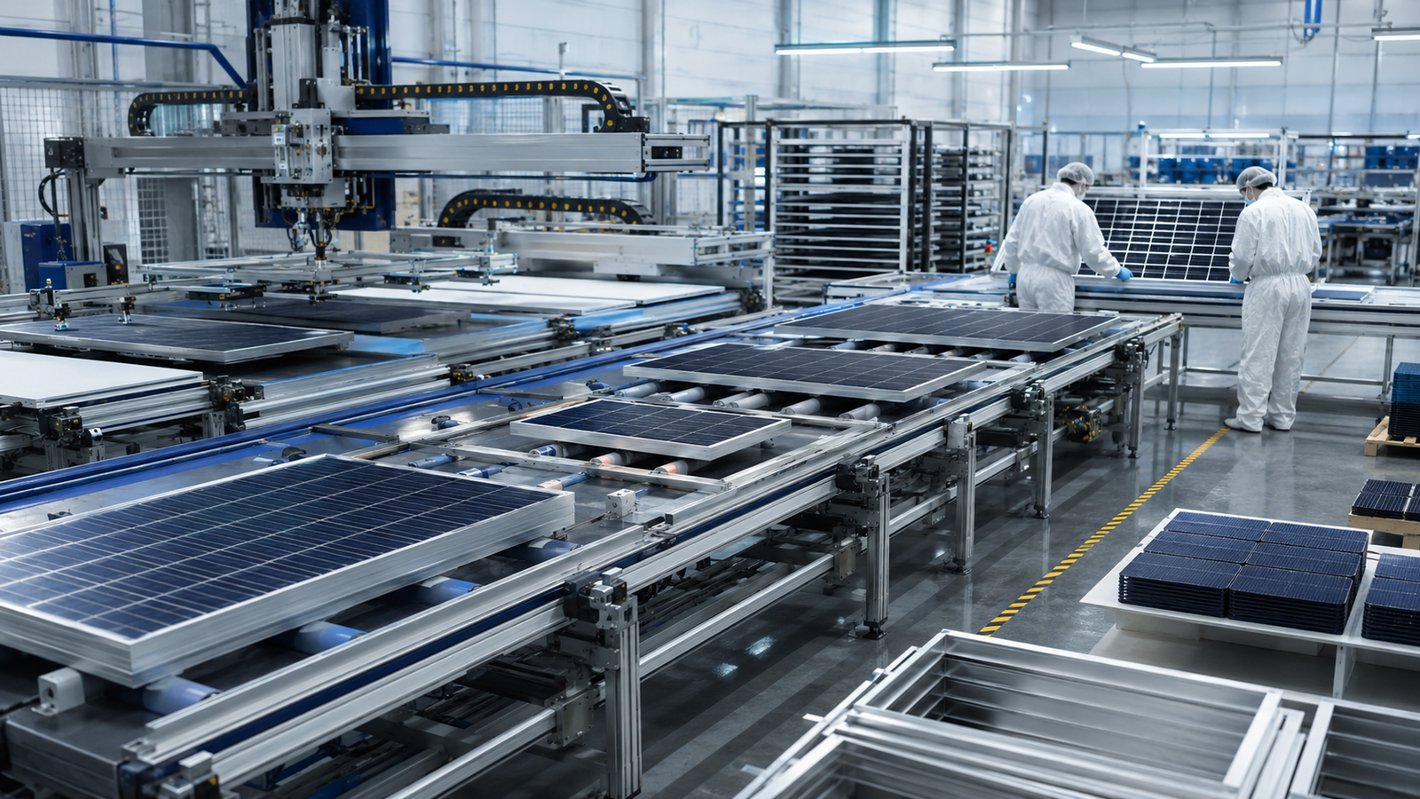 Modern solar panel manufacturing facility with an automated production line and quality inspection