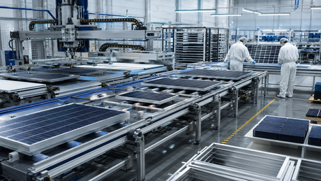 Modern solar panel manufacturing facility with an automated production line and quality inspection