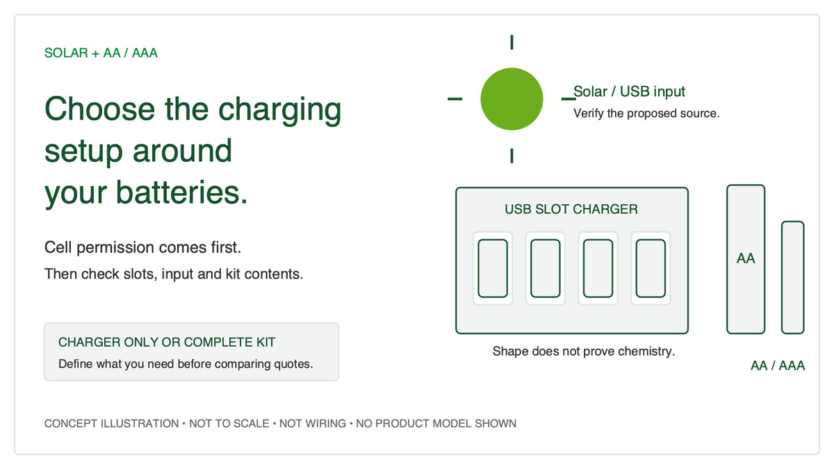 Concept illustration of solar AA and AAA battery charger selection: approved cells, USB slots and input requirements