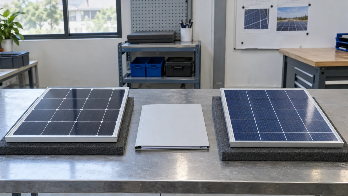 Two distinct compact finished PV panel samples on separate pads in modest engineering inspection area, blank specification folder between.