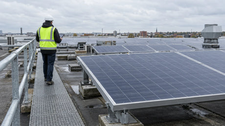 Ordinary industrial rooftop with one foreground finished framed PV module and safe maintenance walkway, anonymous inspector seen from behind assessing space, broader array soft in background.