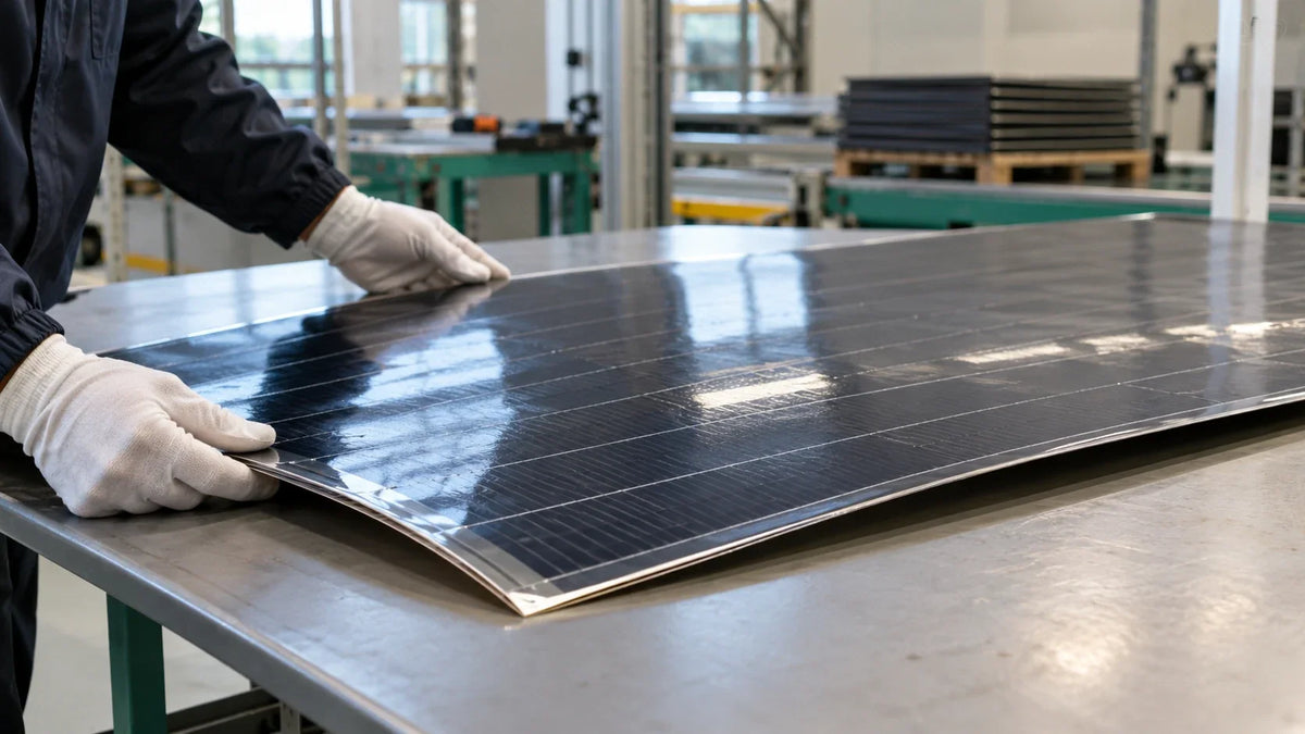 A finished ETFE-faced flexible solar panel rests flat on a workshop table while a buyer examines the surface and edge.